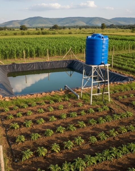 Small irrigation dam next to a maize farm in Kenya