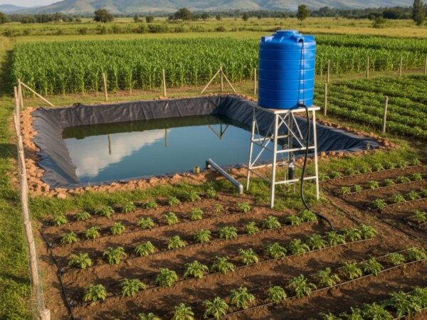 Small irrigation dam next to a maize farm in Kenya